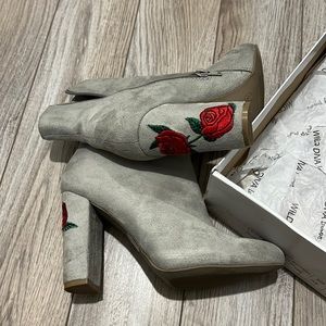 Wild Diva Ankle Boots Red and Gray with Floral Embroidery